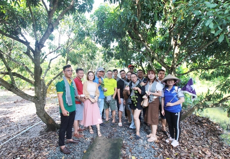 Du khách tham gia hoạt động hái trái cây tại vườn chú Tám Trong.